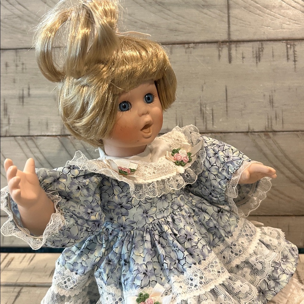Collectible Porcelain Blonde Doll with Music Box  Lace Trimmed Dress & Bloomers - Picture 8 of 13